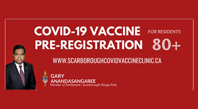 
The Scarborough COVID-19 Vaccine Clinic website   Scarborough COVID-19 Vaccine Clinic website    
 is now accepting pre-registration for residents of Scarborough who are 80 years of age or older. I encourage you to share this information widely with your family, friends, and network.
